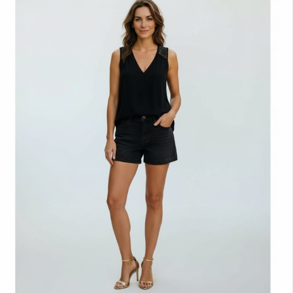 Rebecca Taylor Sleeveless V-Neck Gold Bead Cut Out Back Black Top Size 2